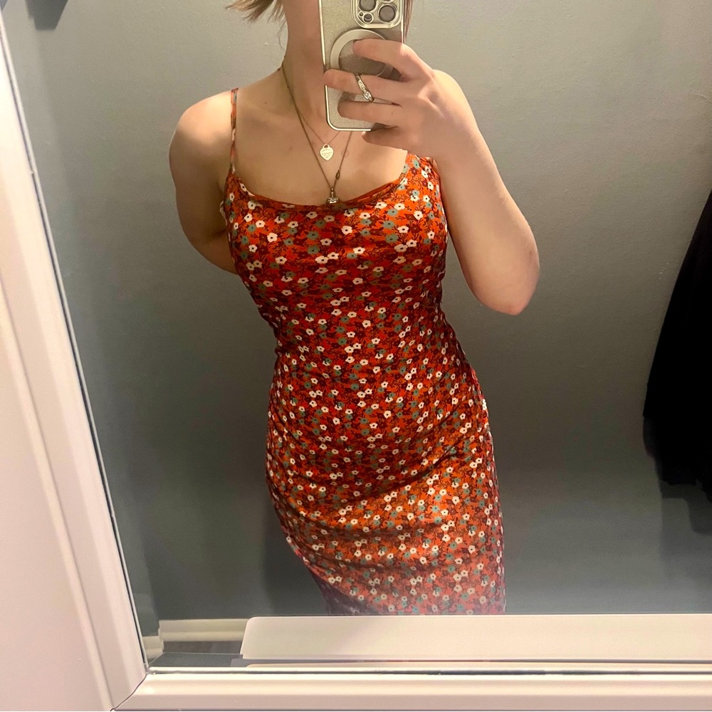 Glamorous burnt orange floral mesh sleeveless midi dress